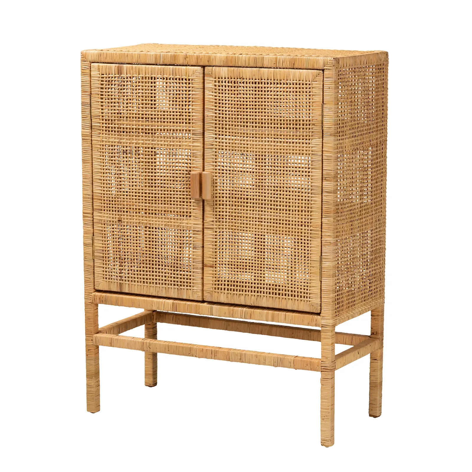 Bali & Pari Vivan Modern Natural Brown Rattan and Mahogany Wood 3-Shelf Storage Cabinet