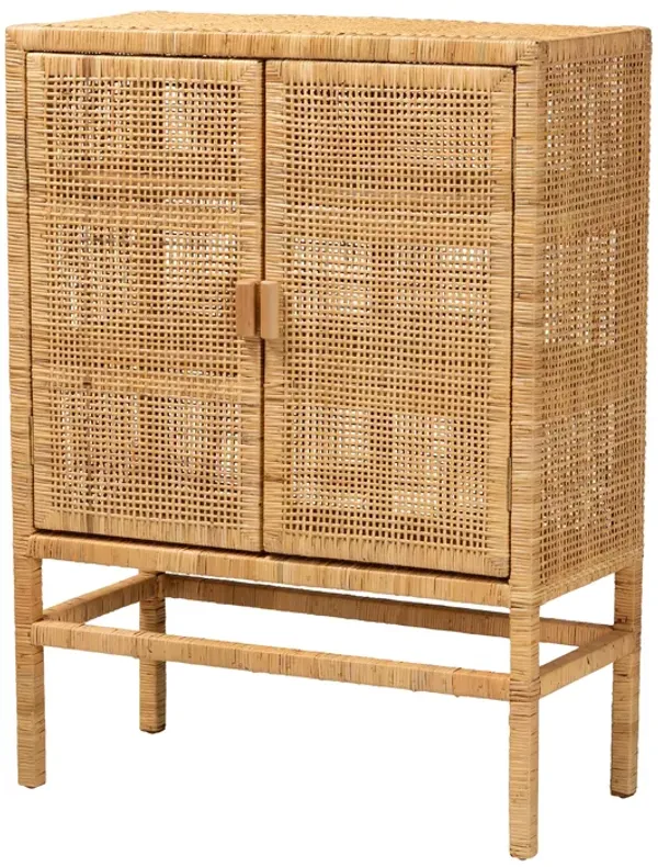 Bali & Pari Vivan Modern Natural Brown Rattan and Mahogany Wood 3-Shelf Storage Cabinet