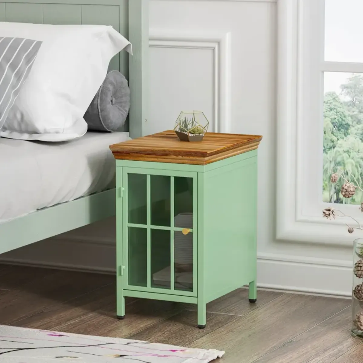 Green Solid Wood Nightstand Set, 2 Pieces