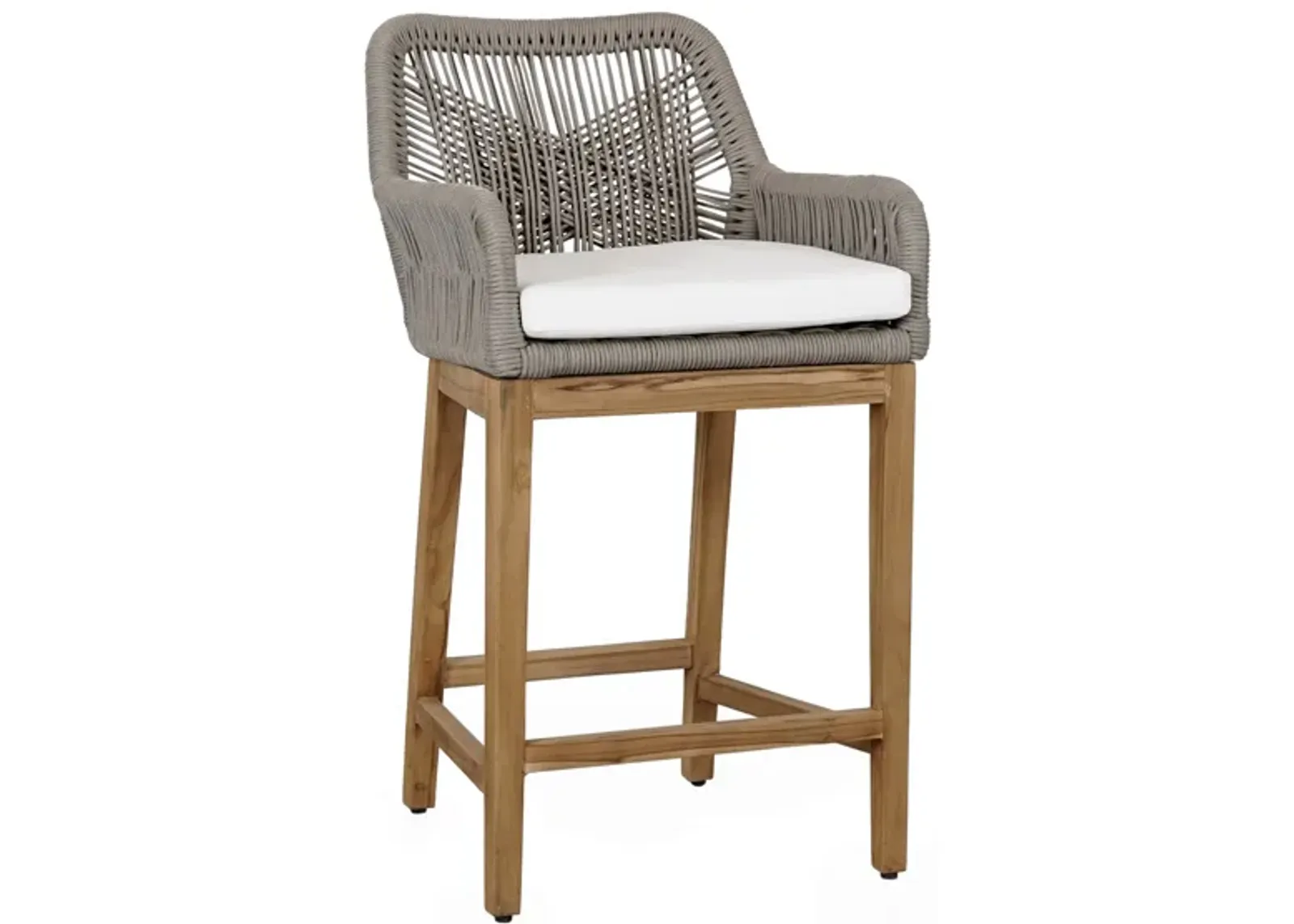 Navi 27 Inch Outdoor Counter Stool Chair, Woven Rope, Gray, Brown Teak - Benzara