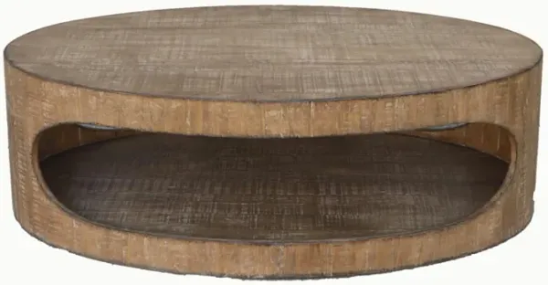 Roki Coffee Table w Shelf, 55 Inch Natural Brown Pine Wood Oval Top - Benzara
