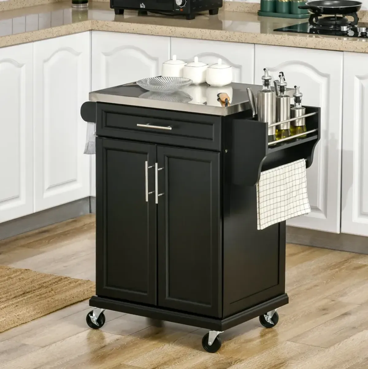 Wood Kitchen Island Cart Storage Box Cabinet  Drawer Trolley w/ Stainless Steel