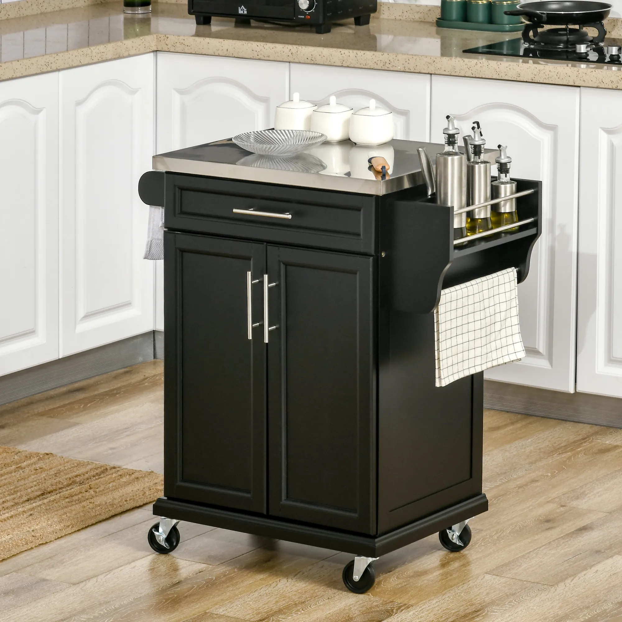 Wood Kitchen Island Cart Storage Box Cabinet  Drawer Trolley w/ Stainless Steel