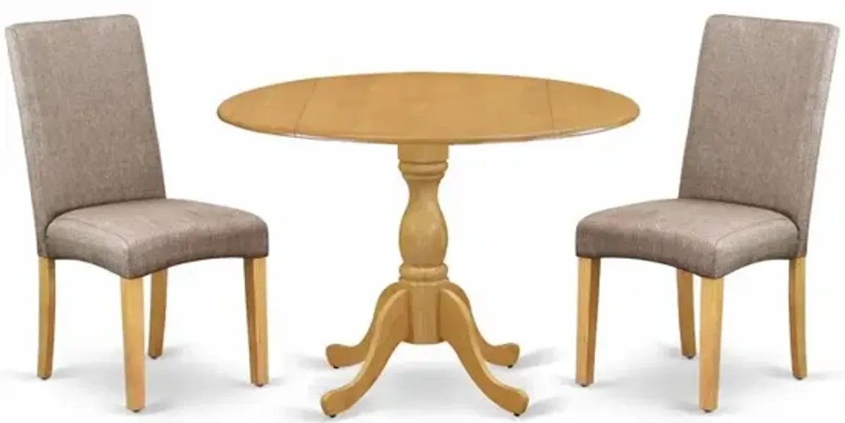 East West Furniture DMDR3-OAK-16 3 Piece Table and Chairs Dining Set - Oak Modern Dining Table and 2 Dark Khaki Linen Fabric Modern Chairs with High Back - Oak Finish