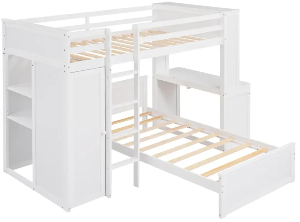 Twin Size Loft Bed With A Stand-Alone Bed, Shelves, Desk, And Wardrobe