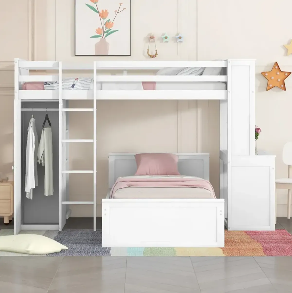 Twin Size Loft Bed With A Stand-Alone Bed, Shelves, Desk, And Wardrobe