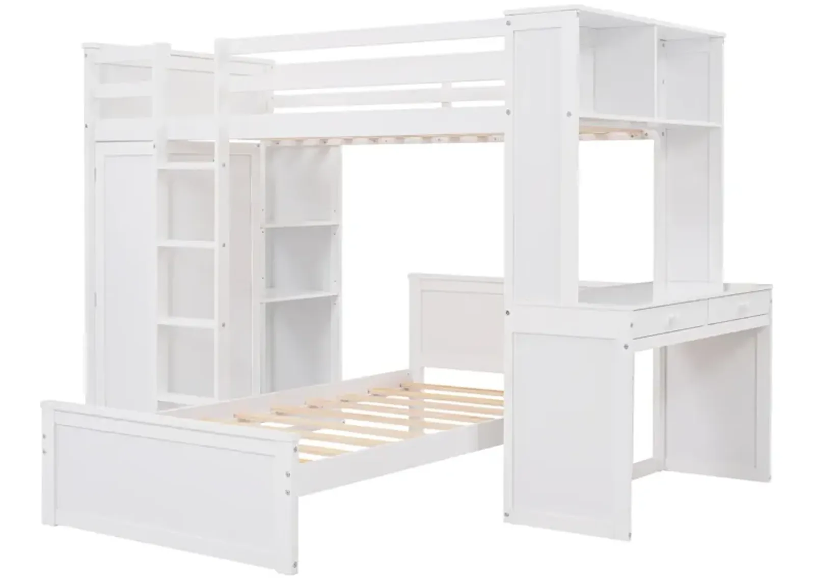 Twin Size Loft Bed With A Stand-Alone Bed, Shelves, Desk, And Wardrobe