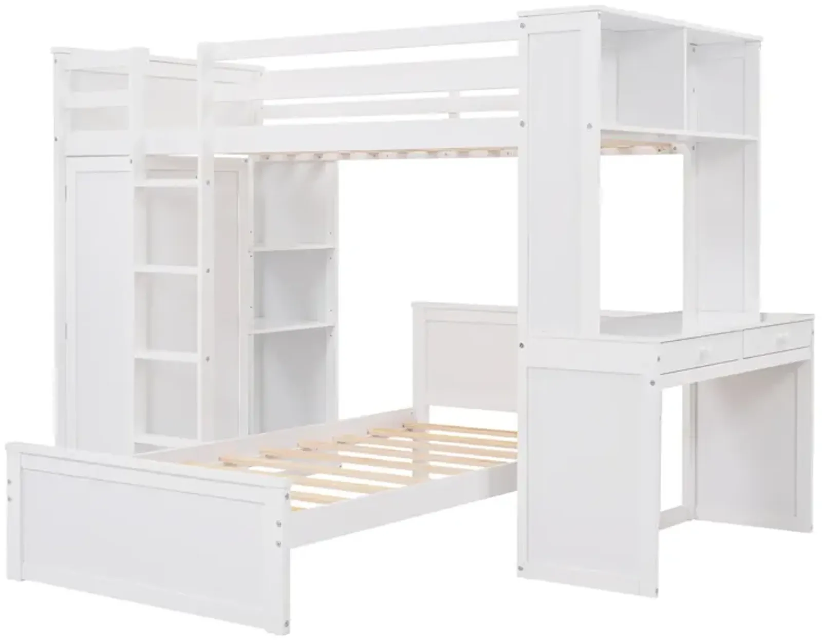 Twin Size Loft Bed With A Stand-Alone Bed, Shelves, Desk, And Wardrobe