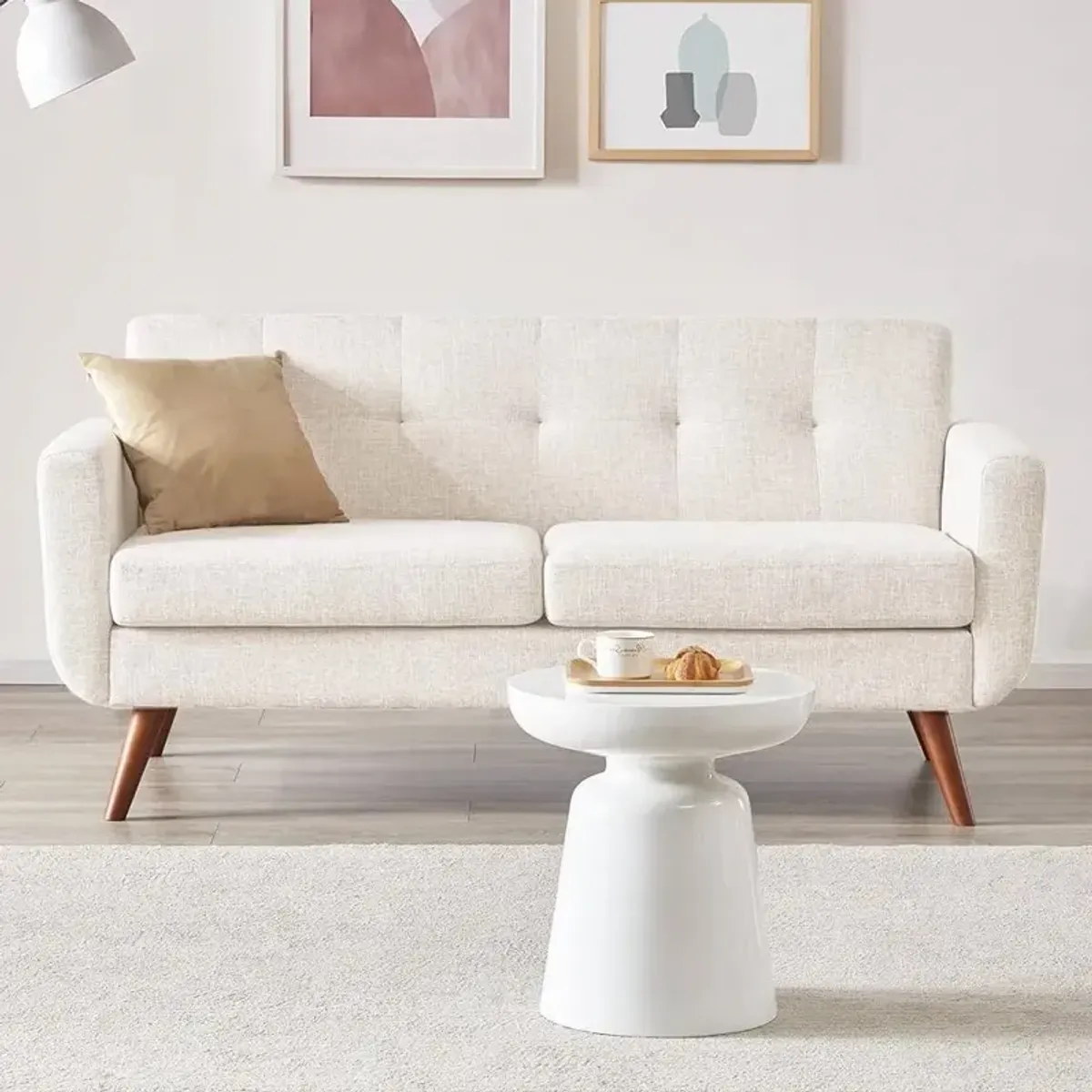 Hivvago Modern Mid Century Beige Cotton Polyester Upholstered Sofa Loveseat