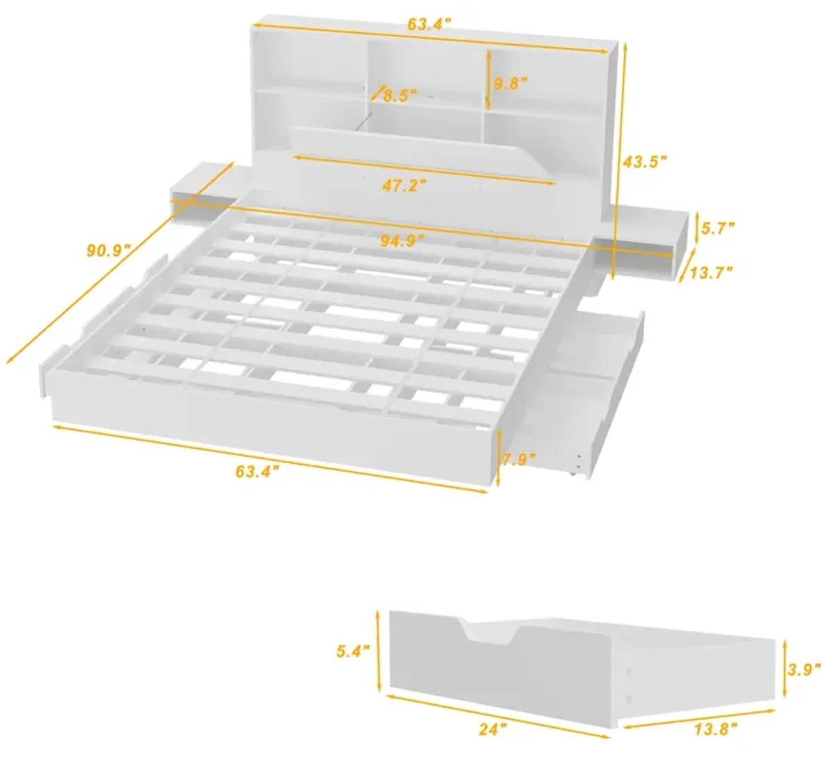 FUFU&GAGA White Queen Composite Bed Frame with Storage,(63.4" W x 90.9" D x43.5" H), White