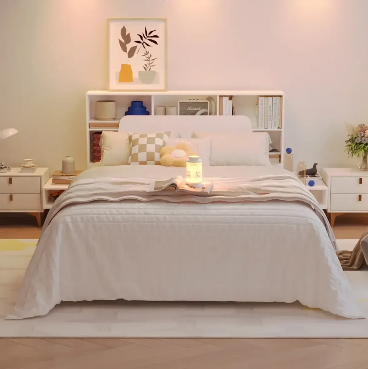 FUFU&GAGA White Queen Composite Bed Frame with Storage,(63.4" W x 90.9" D x43.5" H), White