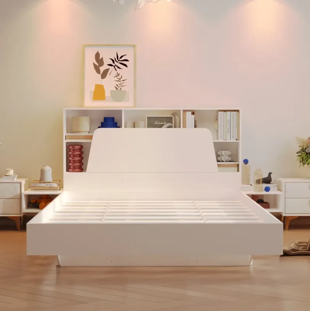 FUFU&GAGA White Queen Composite Bed Frame with Storage,(63.4" W x 90.9" D x43.5" H), White