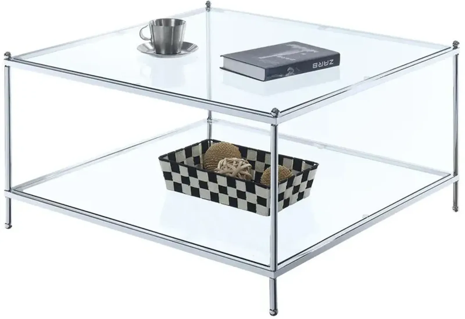 Convenience Concepts Royal Crest 2 Tier Square Glass Coffee Table, Clear Glass/Chrome Frame