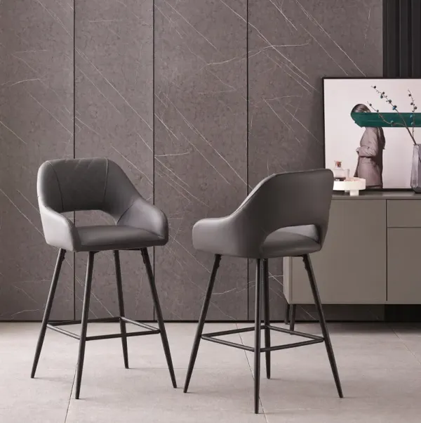 Bar Stools Set of 2 PU Leather Gray Breakfast Dining Bar Stools Fixed Height Bar Chairs with Metal Frame and Footrest for Breakfast Bar, Counter, Kitchen and Home