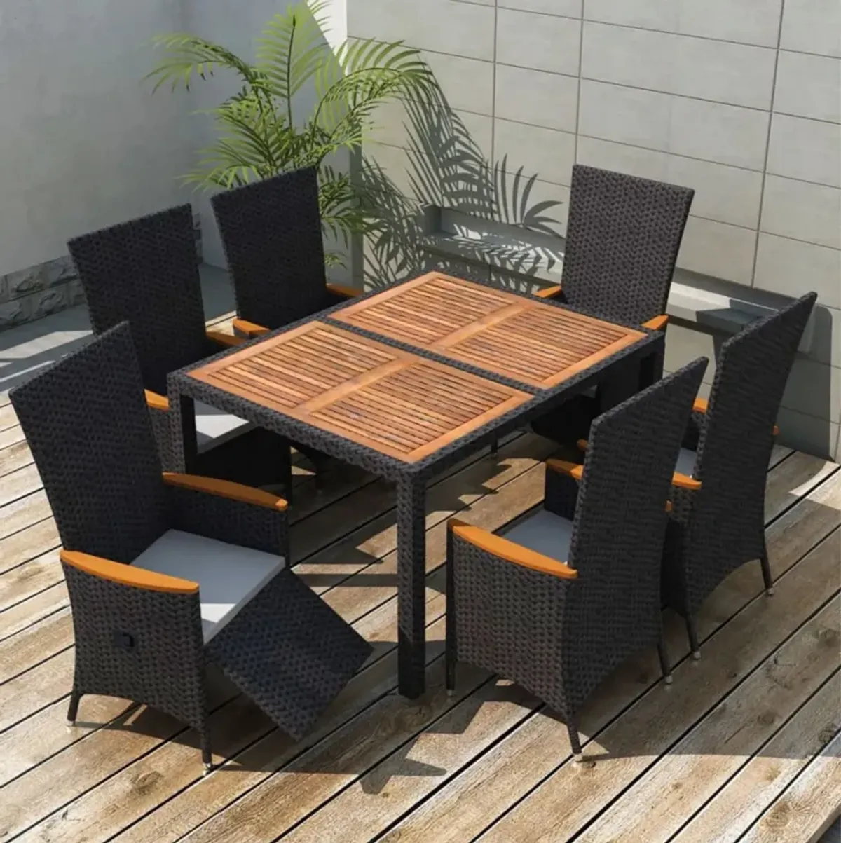 vidaXL 7 Piece Outdoor Dining Set Poly Rattan Acacia Wood Black