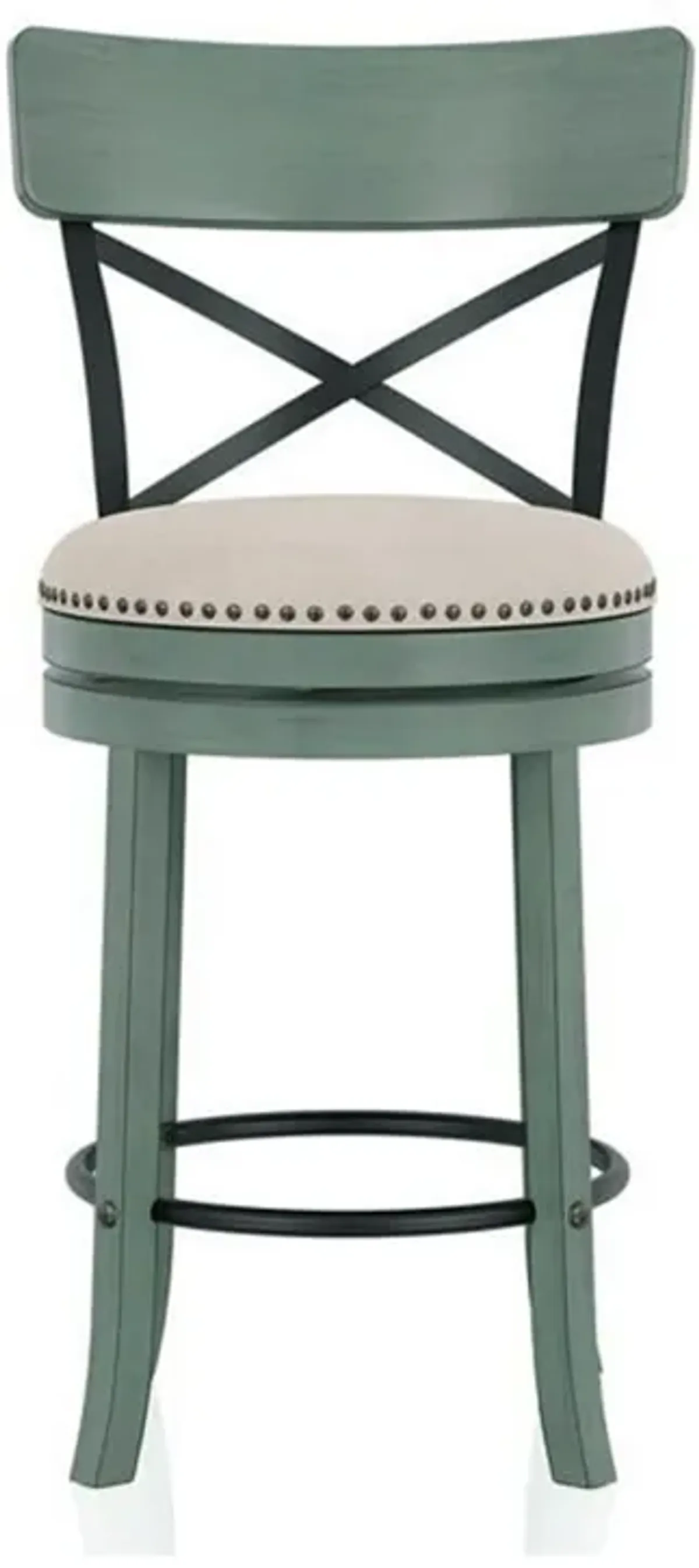 Vesper 31 Inch Swivel Barstool Chair Set of 2, Beige Seat, Green Wood Frame - Benzara