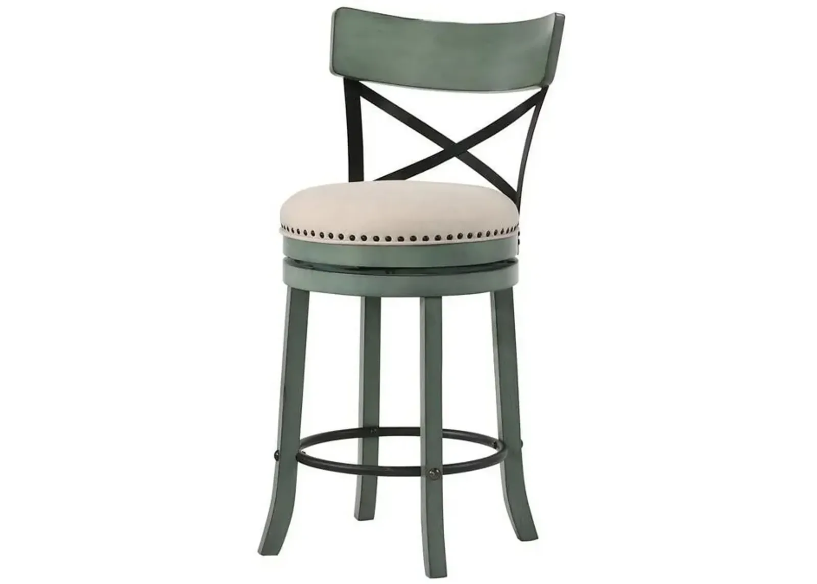 Vesper 31 Inch Swivel Barstool Chair Set of 2, Beige Seat, Green Wood Frame - Benzara