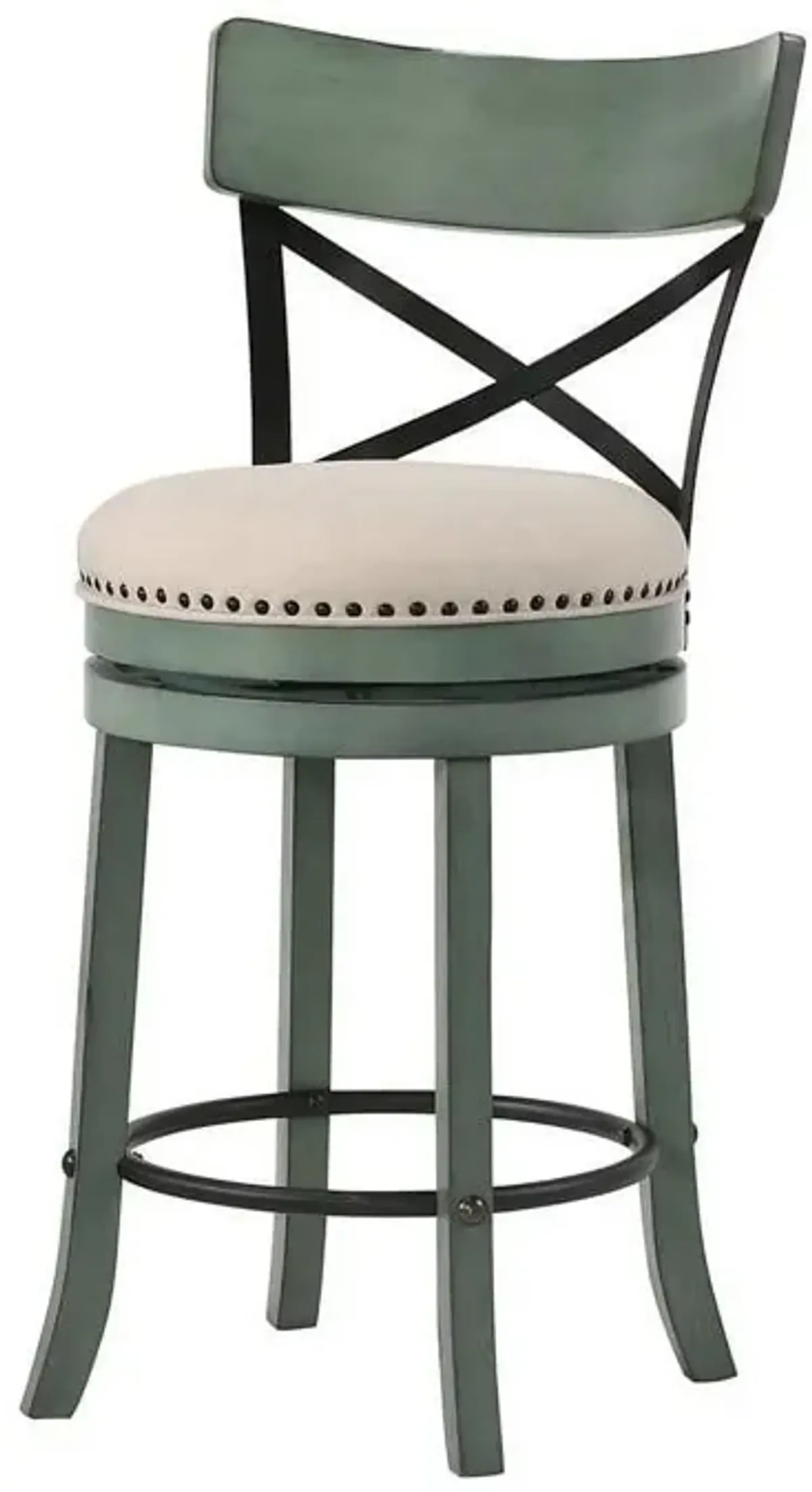 Vesper 31 Inch Swivel Barstool Chair Set of 2, Beige Seat, Green Wood Frame - Benzara