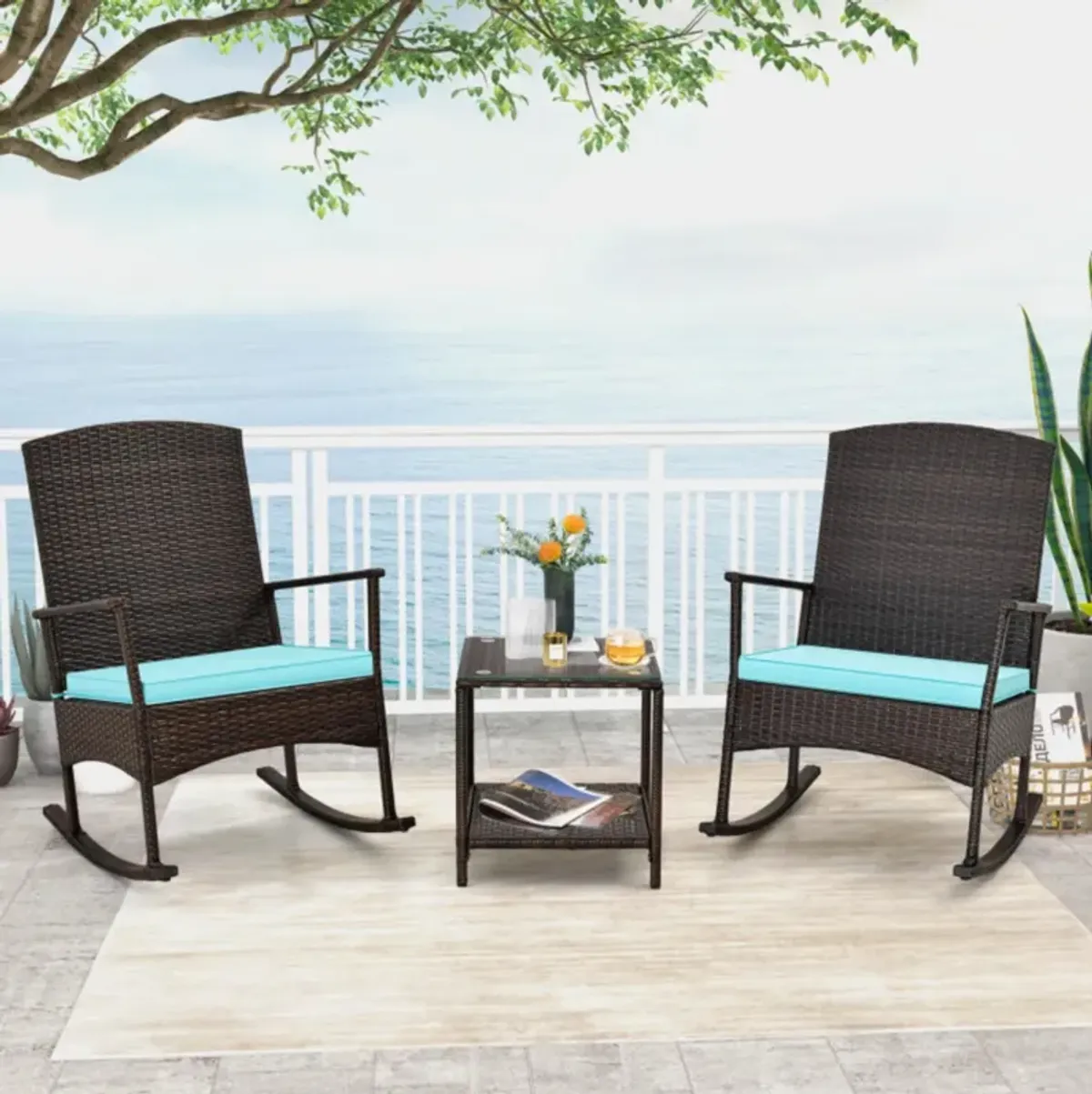 Hivvago 3 Piece Patio Rocking Set Wicker Rocking Chairs with 2-Tier Coffee Table