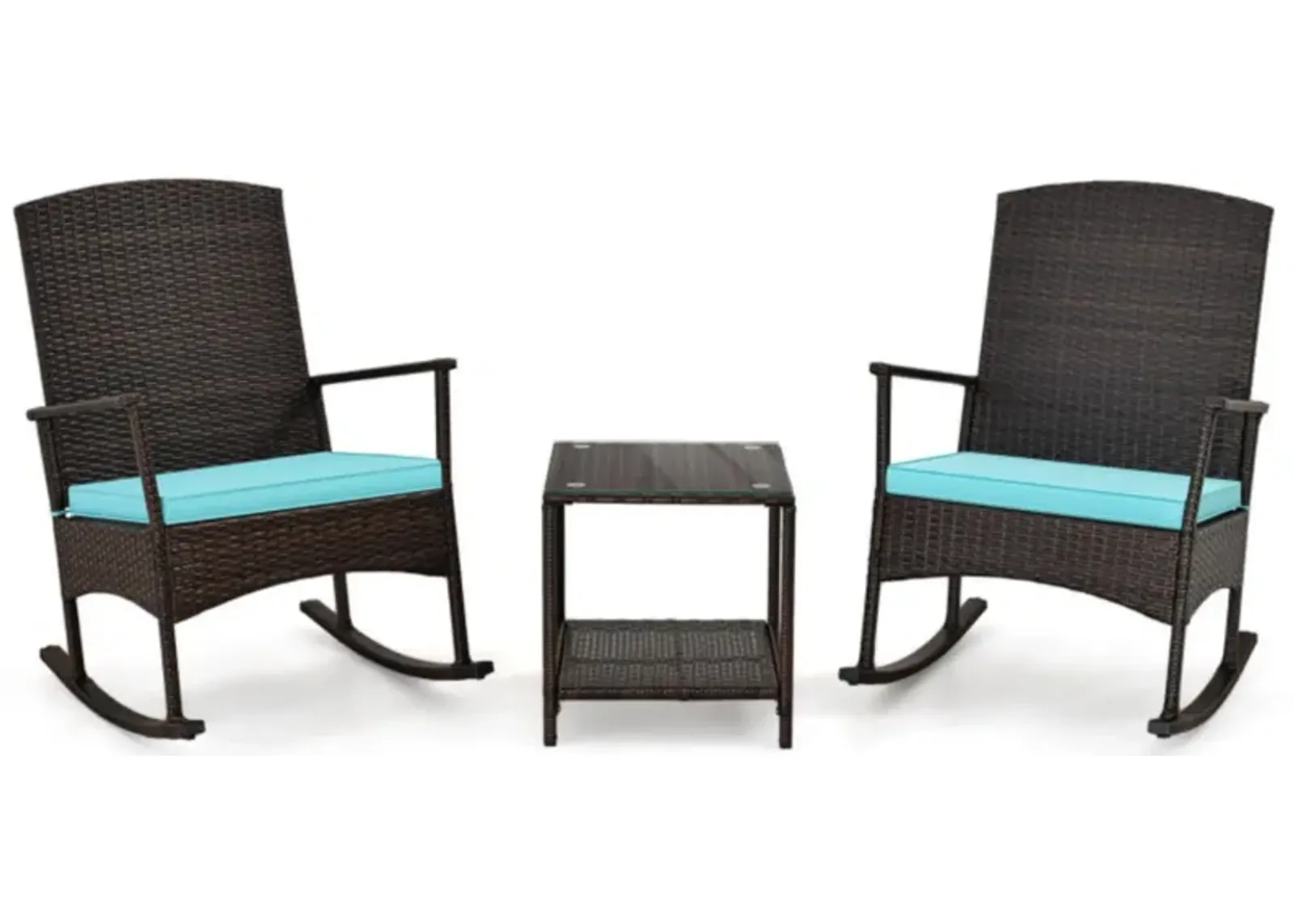 Hivvago 3 Piece Patio Rocking Set Wicker Rocking Chairs with 2-Tier Coffee Table