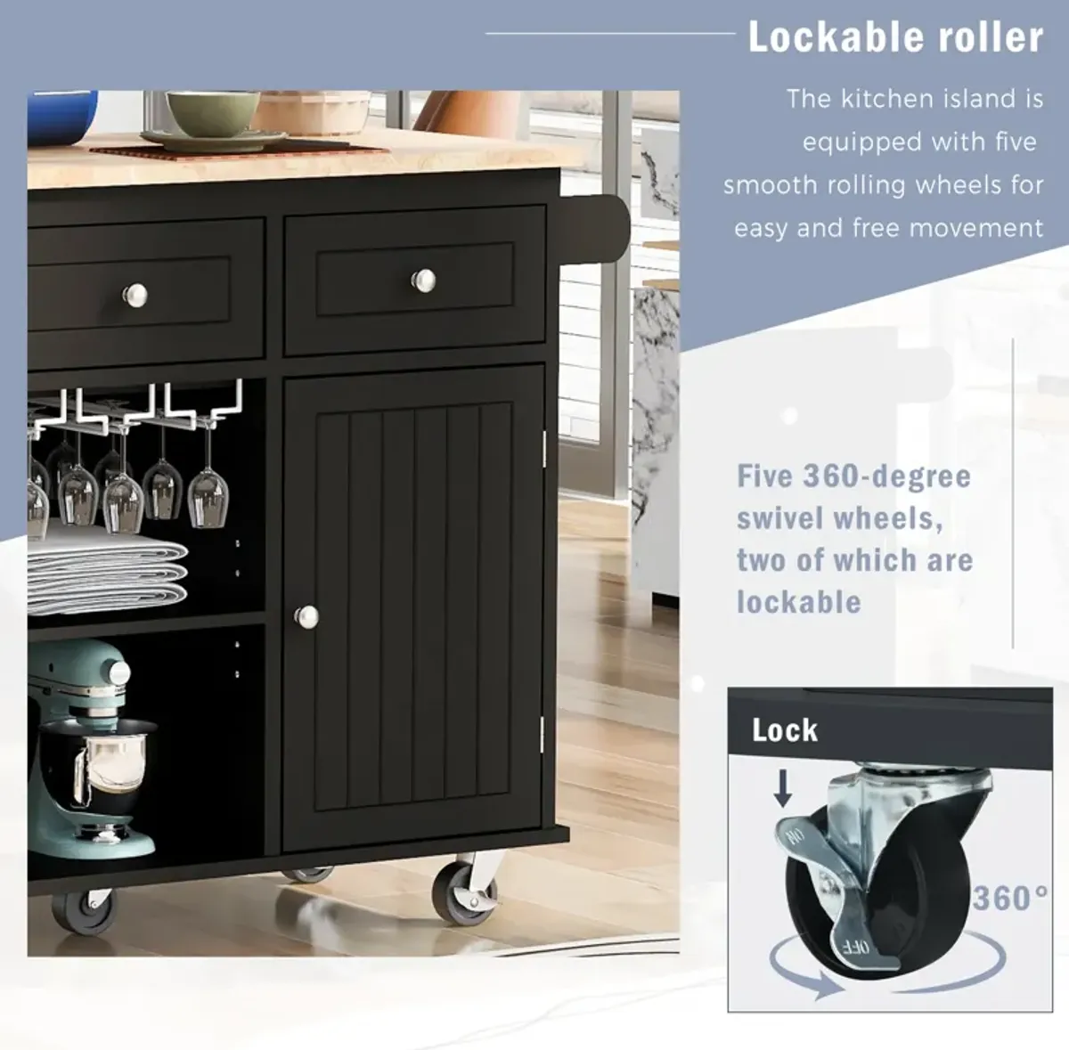 Whisen Modern Kitchen Island with Drop Leaf and Wheels - Grey Blue