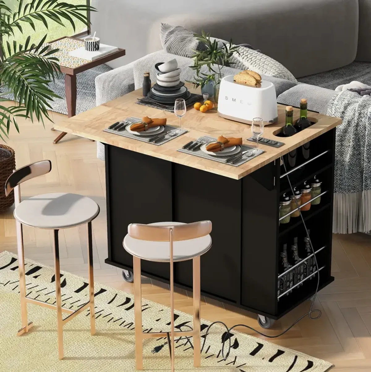 Whisen Modern Kitchen Island with Drop Leaf and Wheels - Grey Blue