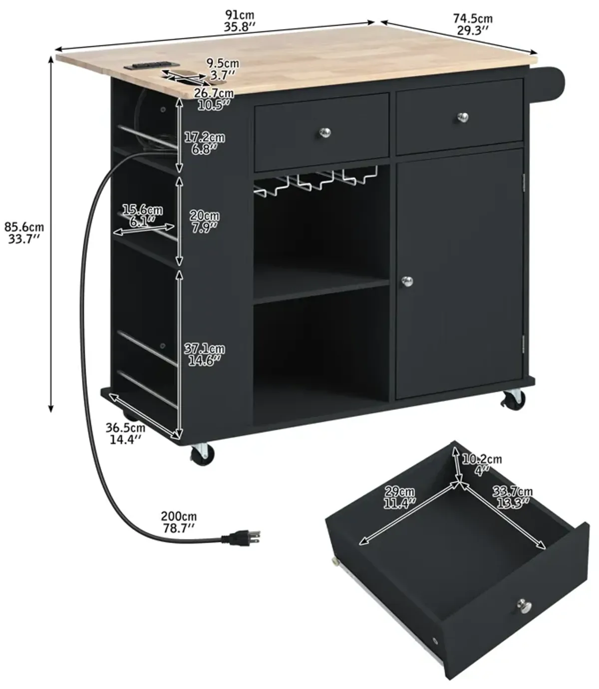 Whisen Modern Kitchen Island with Drop Leaf and Wheels - Grey Blue