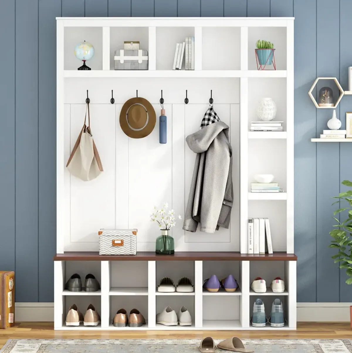 Merax Farmhouse Hall Tree with Storage Bench