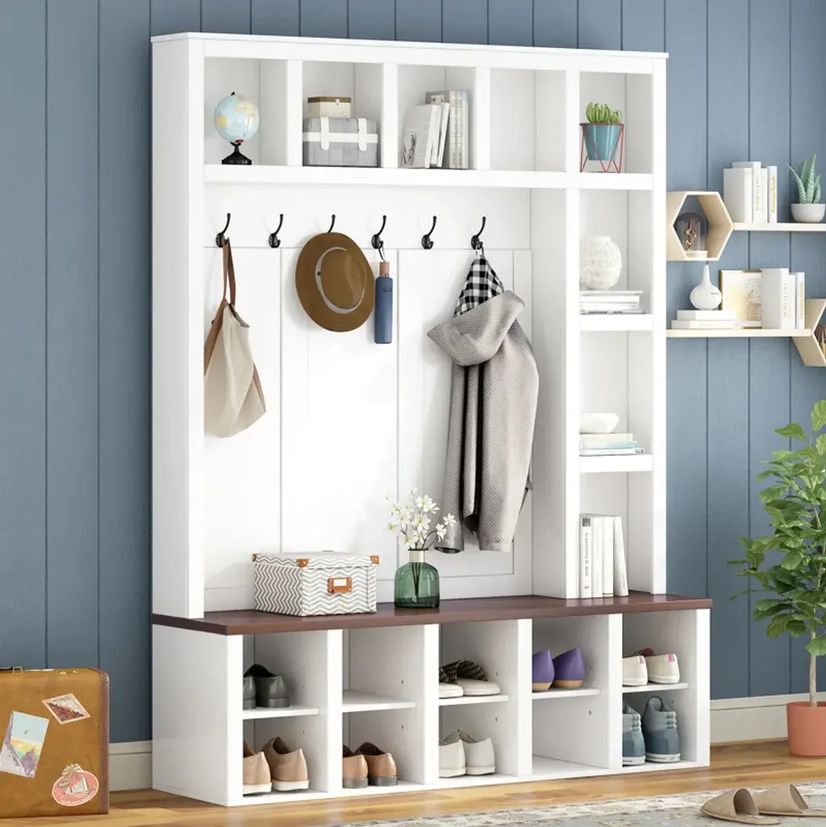 Merax Farmhouse Hall Tree with Storage Bench