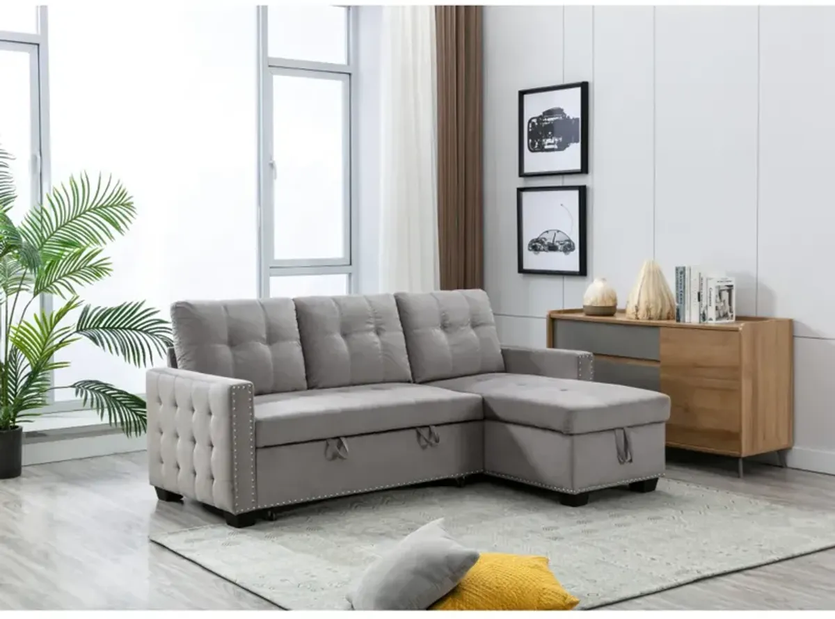 Reversible Storage Sleeper Sofa, L-Shaped Chaise With Velvet Fabric