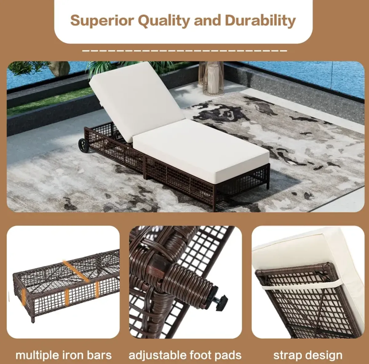Whisen Rattan Outdoor Lounge Chair Set of 2, Patio Chaise Lounge with 5-Position Backrest - Natural