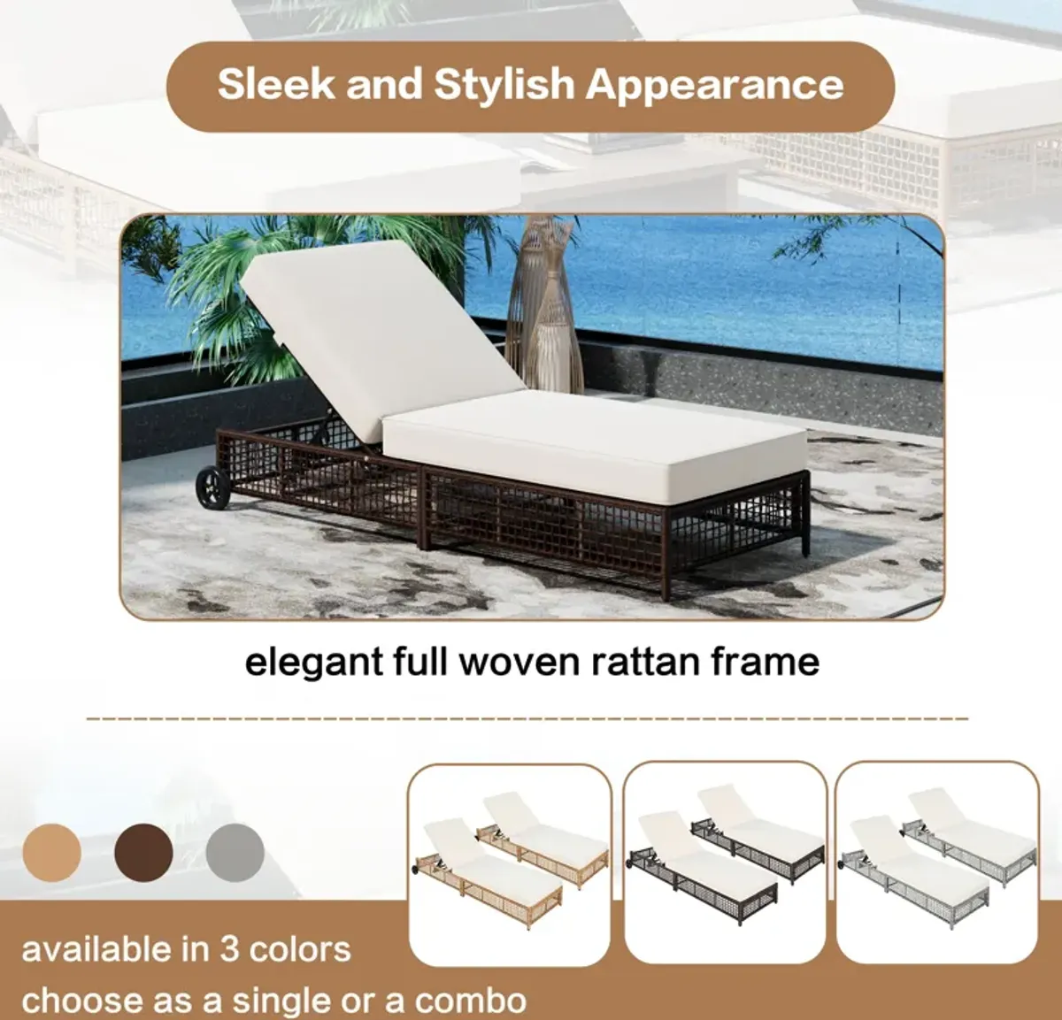 Whisen Rattan Outdoor Lounge Chair Set of 2, Patio Chaise Lounge with 5-Position Backrest - Natural