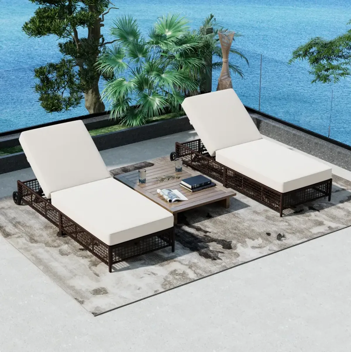 Whisen Rattan Outdoor Lounge Chair Set of 2, Patio Chaise Lounge with 5-Position Backrest - Natural