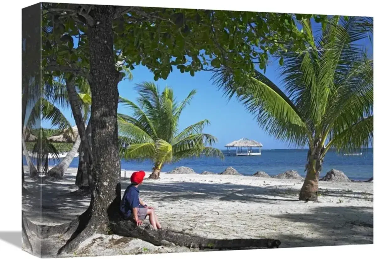 Tourist resting under palm trees on beach at Palmetto Bay, Roatan Island, Honduras-Canvas Art-16x12