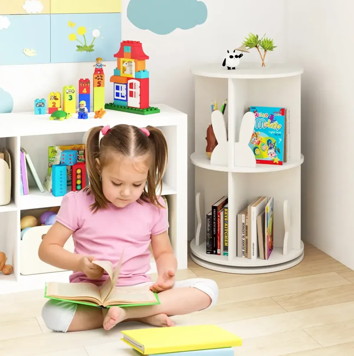 Rotating Kids Bookshelf with Bunny Sides – 2-Tier Freestanding Book Organizer