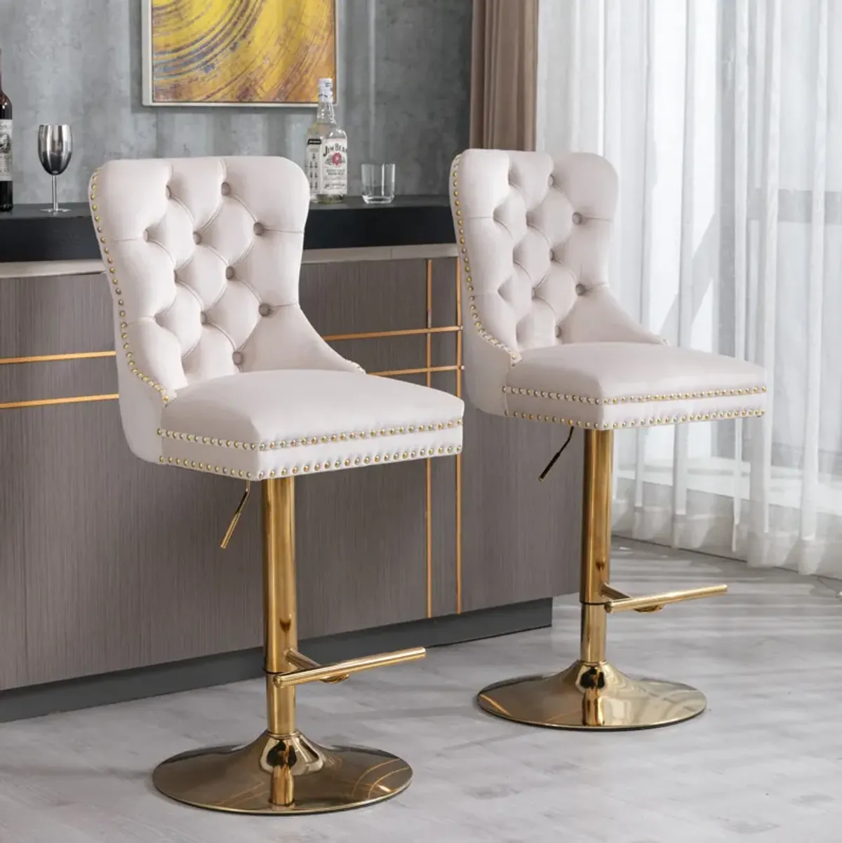 Hivvago Set of 2 Height Adjustable Upholstered Tufted Velvet Armless Bar Stools with Gold Details