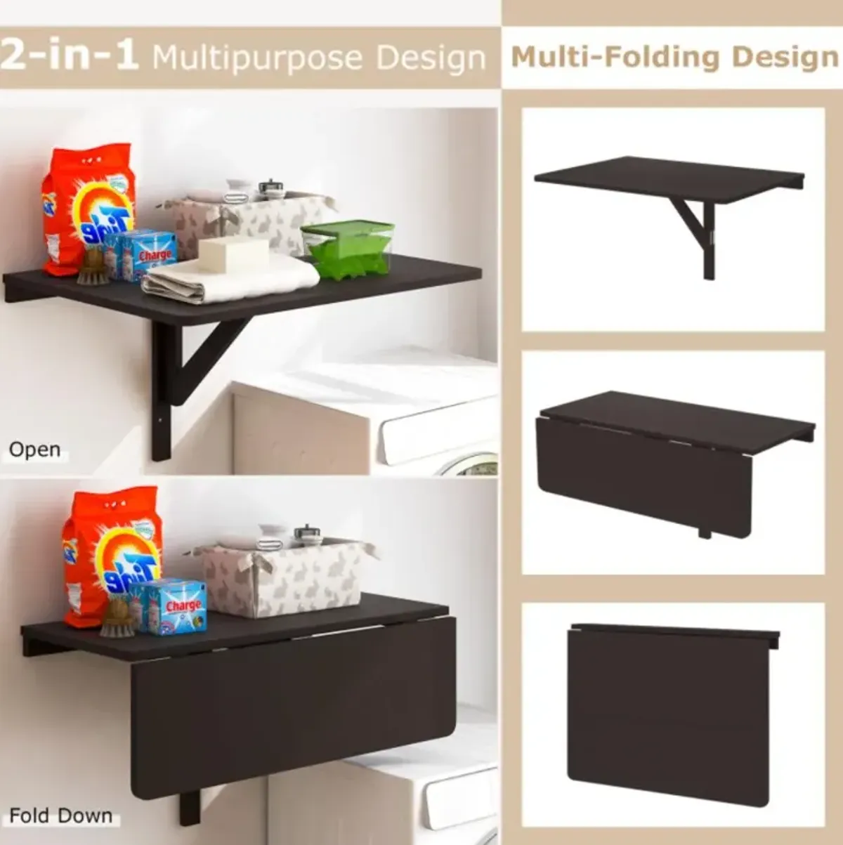 Hivvago 31.5 x 23.5 Inch Wall Mounted Folding Table for Small Spaces