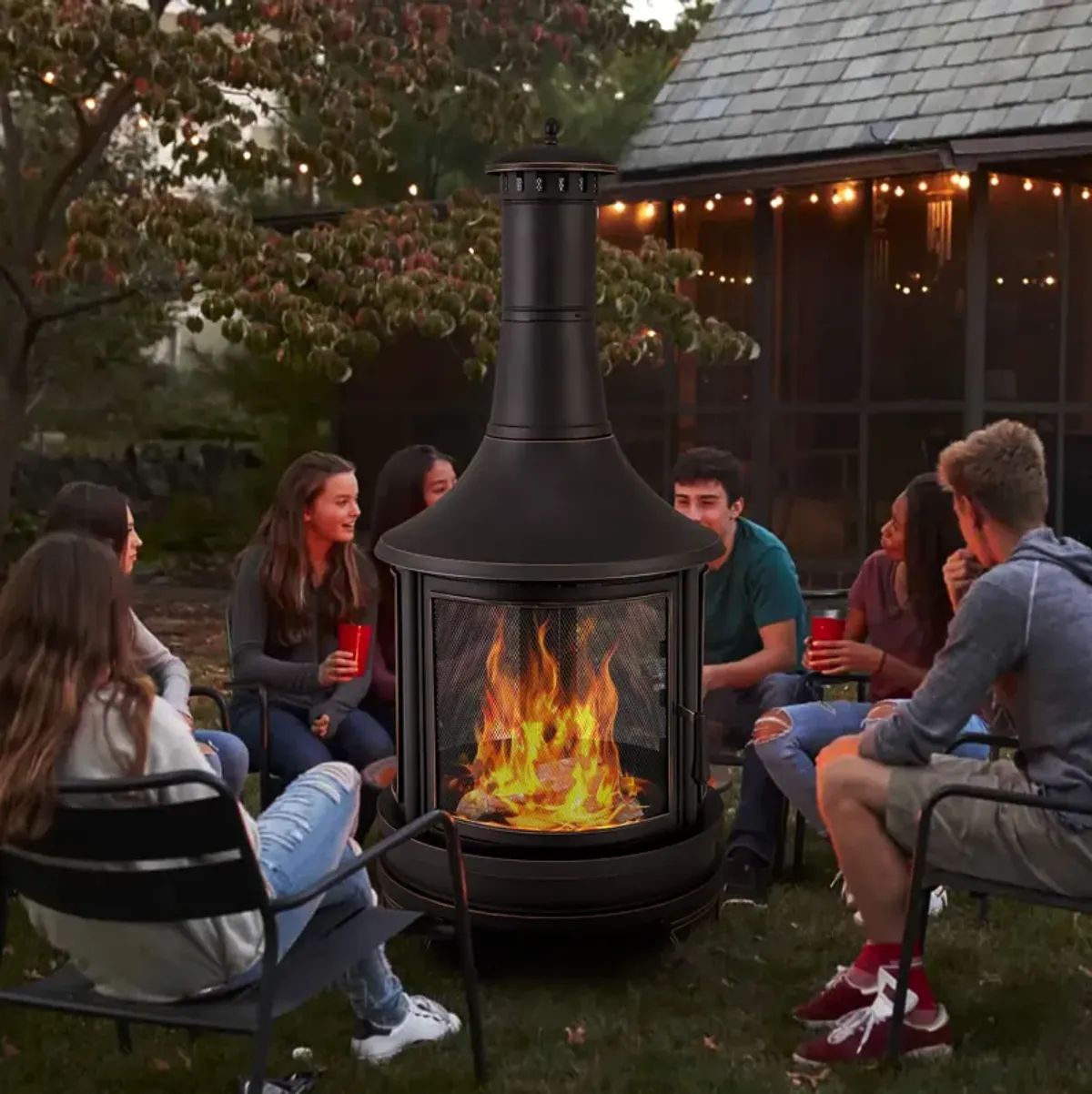 30-Inch Outdoor Fire Pit Chiminea with Grill for Garden, Backyard BBQ, Bonfire, Deck, and Patio