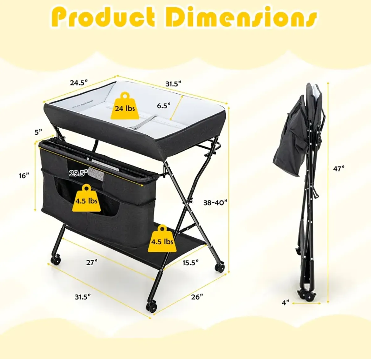 Portable Adjustable Height Newborn Nursery Organizer with Wheel