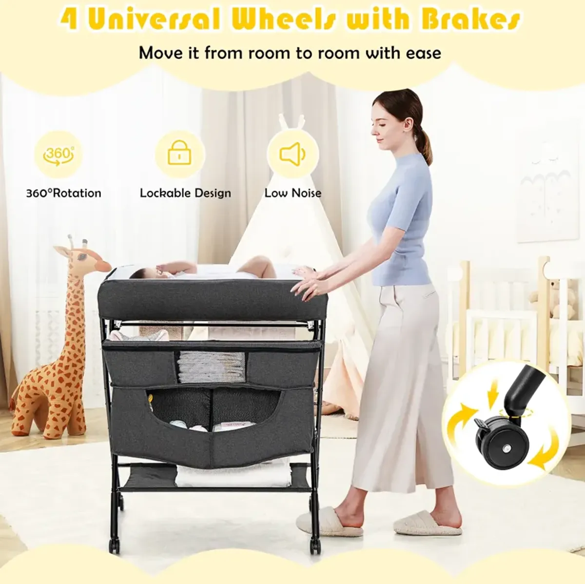 Portable Adjustable Height Newborn Nursery Organizer with Wheel