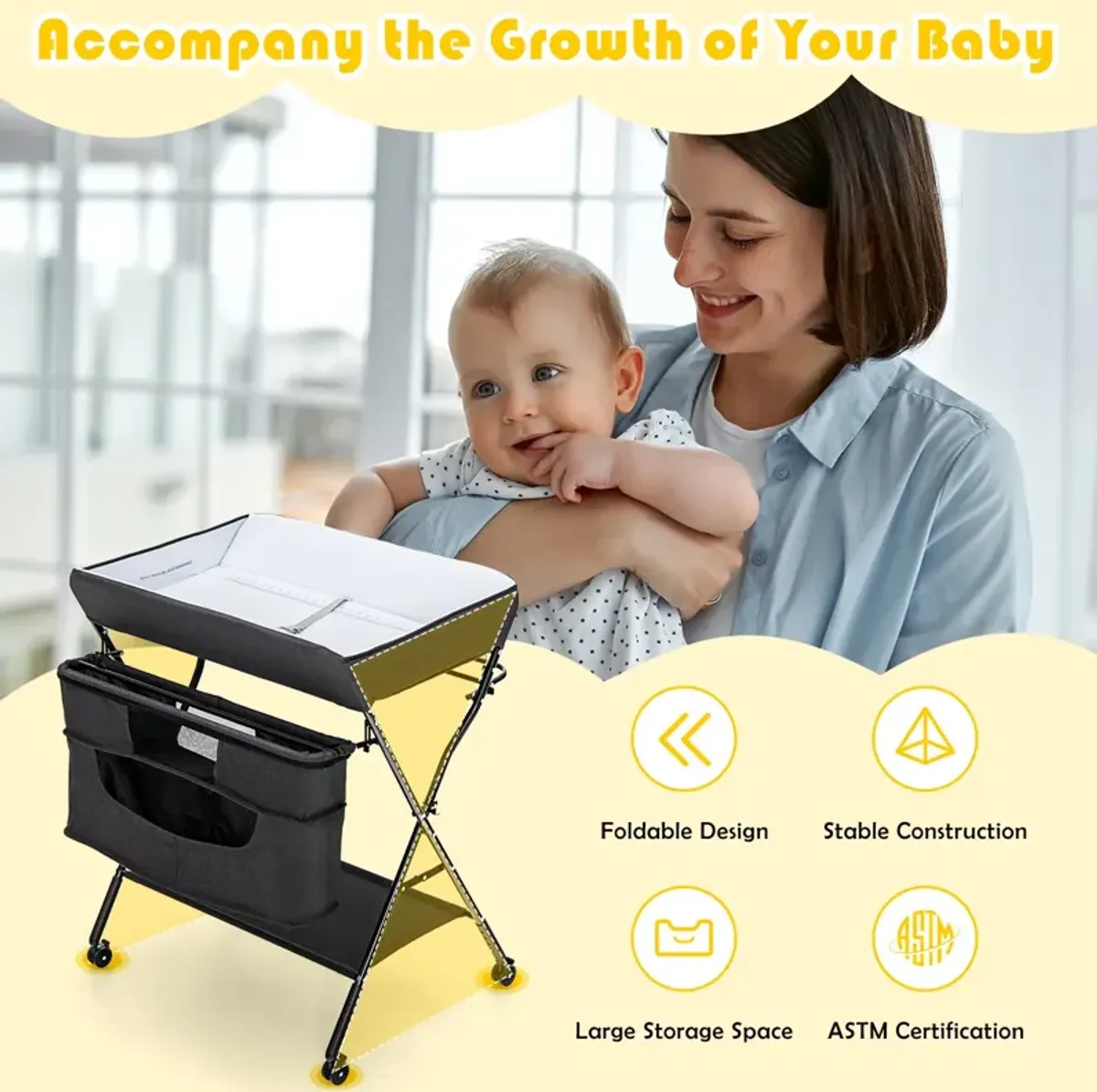 Portable Adjustable Height Newborn Nursery Organizer with Wheel