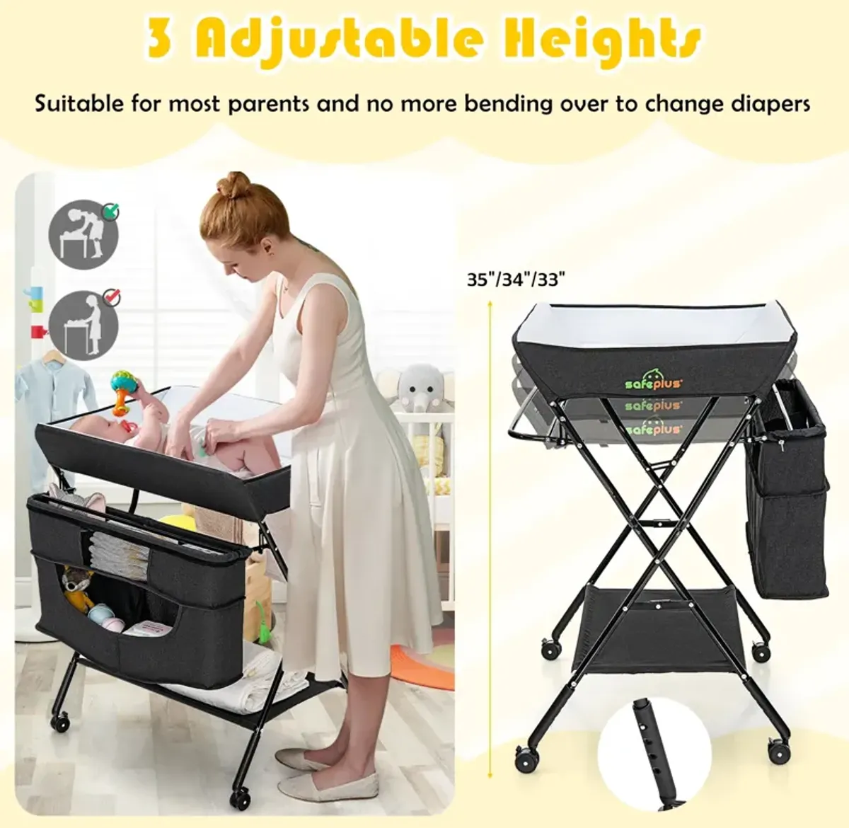 Portable Adjustable Height Newborn Nursery Organizer with Wheel