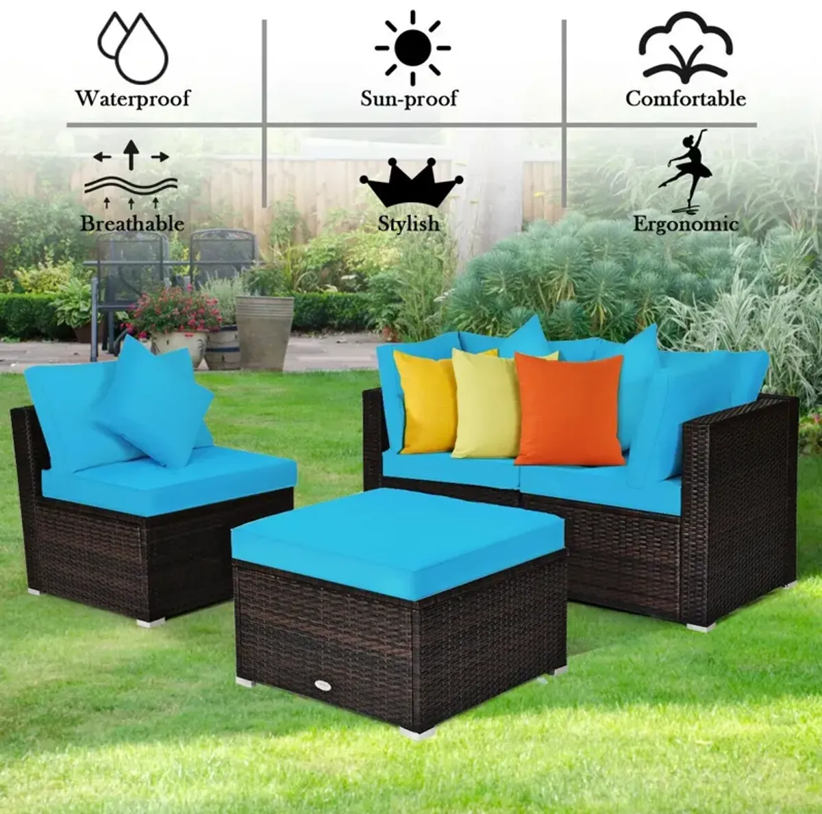 4 Pcs Ottoman Garden Deck Patio Rattan Wicker Furniture Set Cushioned Sofa