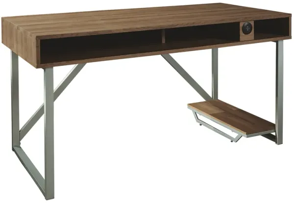60 Inch Wood Gaming Desk, LED Back Light, 2 USB Ports, Brown, Gray - Benzara