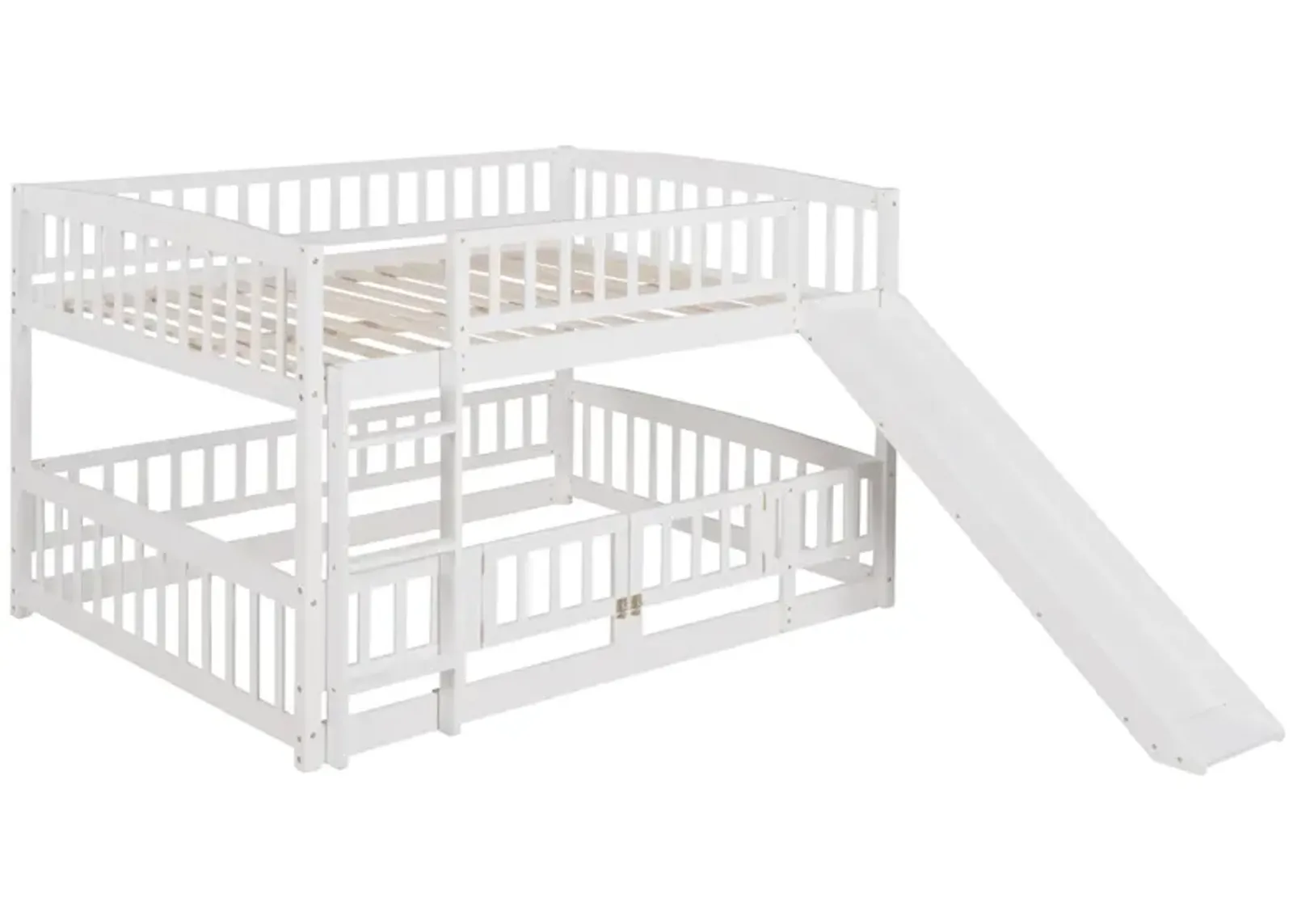 Bunk Bed With Slide, Full Over Full Low Bunk Bed With Fence And Ladder For Toddler Kids Teens