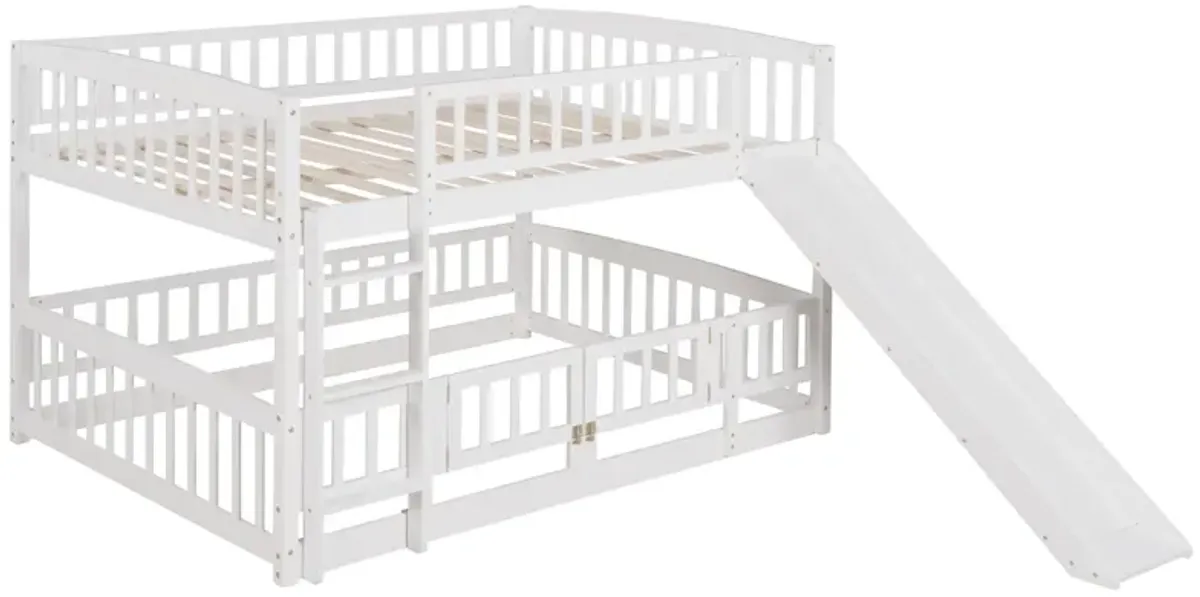 Bunk Bed With Slide, Full Over Full Low Bunk Bed With Fence And Ladder For Toddler Kids Teens