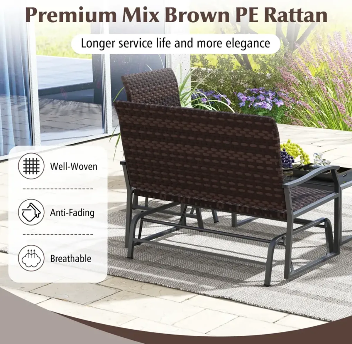 4 Piece Patio Gliding Set Wicker Swing Glider Furniture Set All Weather witrh Tempered Glass Coffee Table-Brown