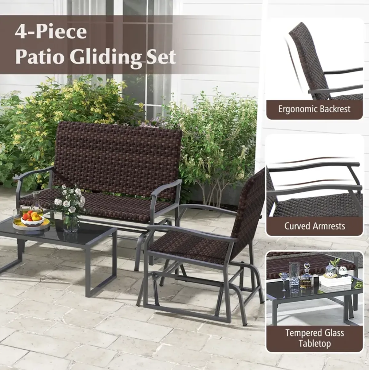 4 Piece Patio Gliding Set Wicker Swing Glider Furniture Set All Weather witrh Tempered Glass Coffee Table-Brown