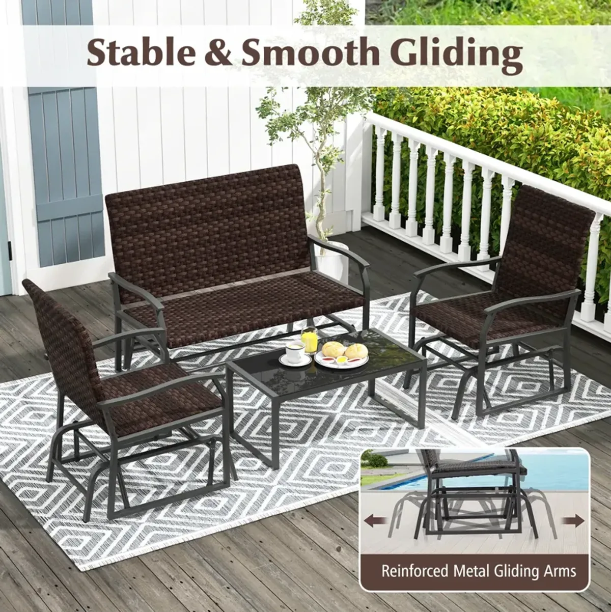 4 Piece Patio Gliding Set Wicker Swing Glider Furniture Set All Weather witrh Tempered Glass Coffee Table-Brown