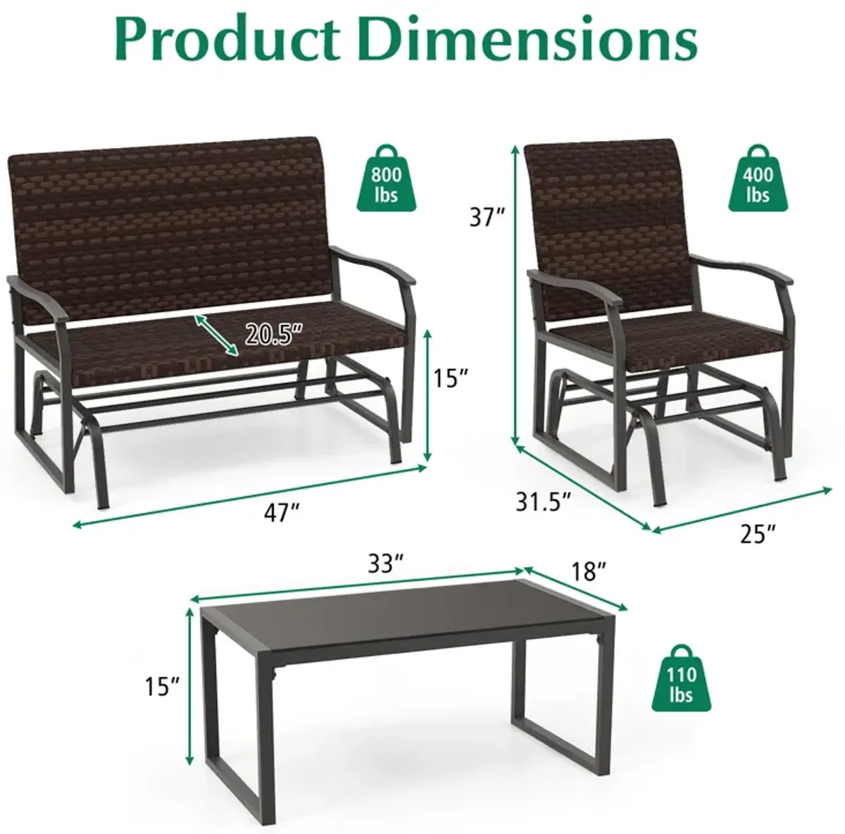 4 Piece Patio Gliding Set Wicker Swing Glider Furniture Set All Weather witrh Tempered Glass Coffee Table-Brown